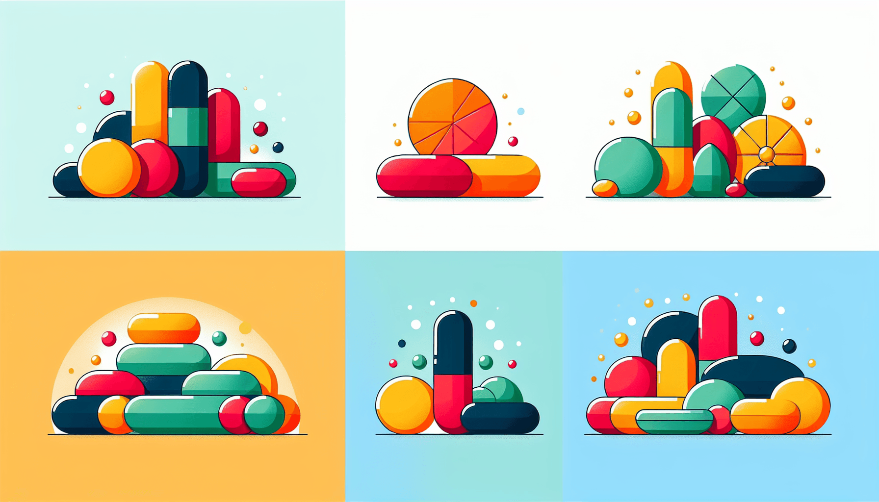 Vitamins in flat illustration style and white background, red #f47574, green #88c7a8, yellow #fcc44b, and blue #645bc8 colors.