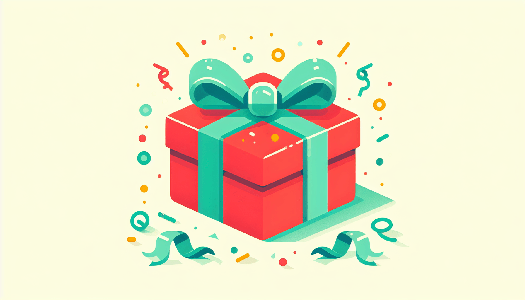 Gift in flat illustration style and white background, red #f47574, green #88c7a8, yellow #fcc44b, and blue #645bc8 colors.