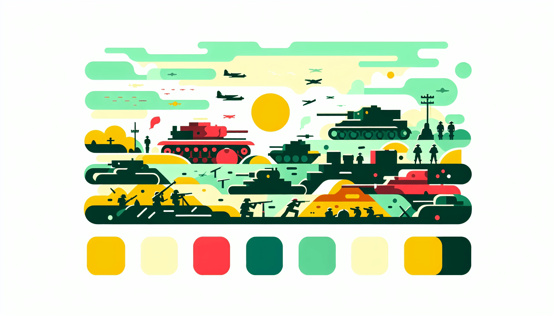 Battlefield in flat illustration style and white background, red #f47574, green #88c7a8, yellow #fcc44b, and blue #645bc8 colors.