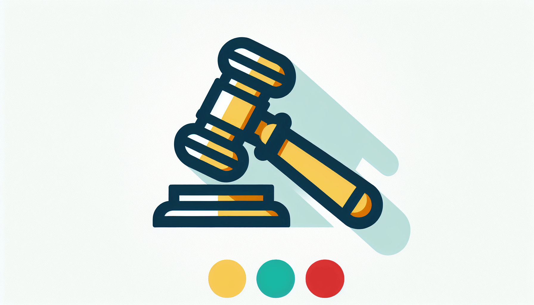 Gavel in flat illustration style and white background, red #f47574, green #88c7a8, yellow #fcc44b, and blue #645bc8 colors.