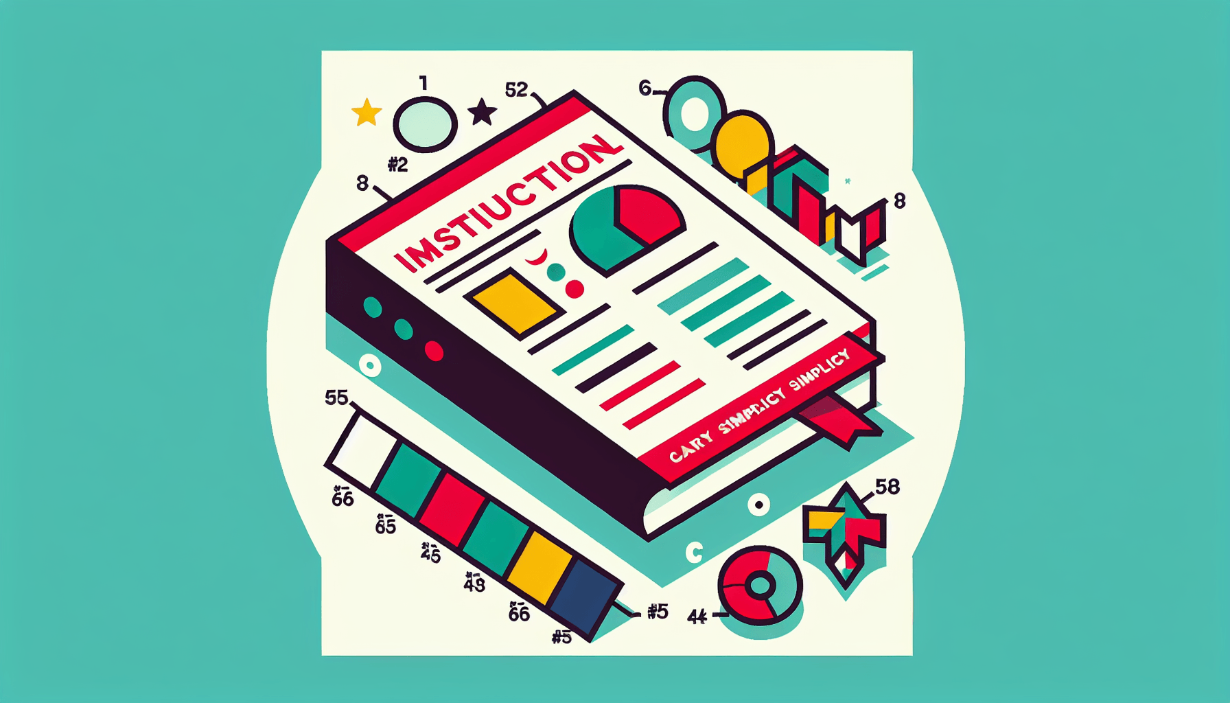 Instruction manual in flat illustration style and white background, red #f47574, green #88c7a8, yellow #fcc44b, and blue #645bc8 colors.