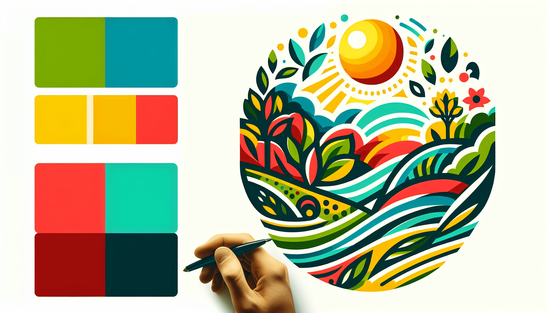 Trademark in flat illustration style and white background, red #f47574, green #88c7a8, yellow #fcc44b, and blue #645bc8 colors.
