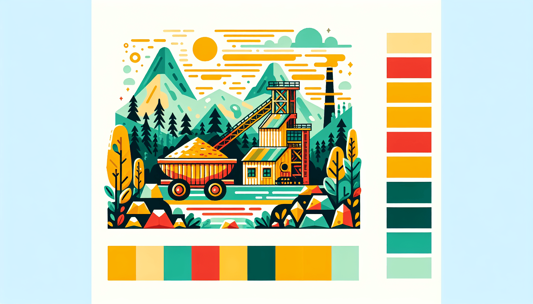 Gold mine in flat illustration style and white background, red #f47574, green #88c7a8, yellow #fcc44b, and blue #645bc8 colors.