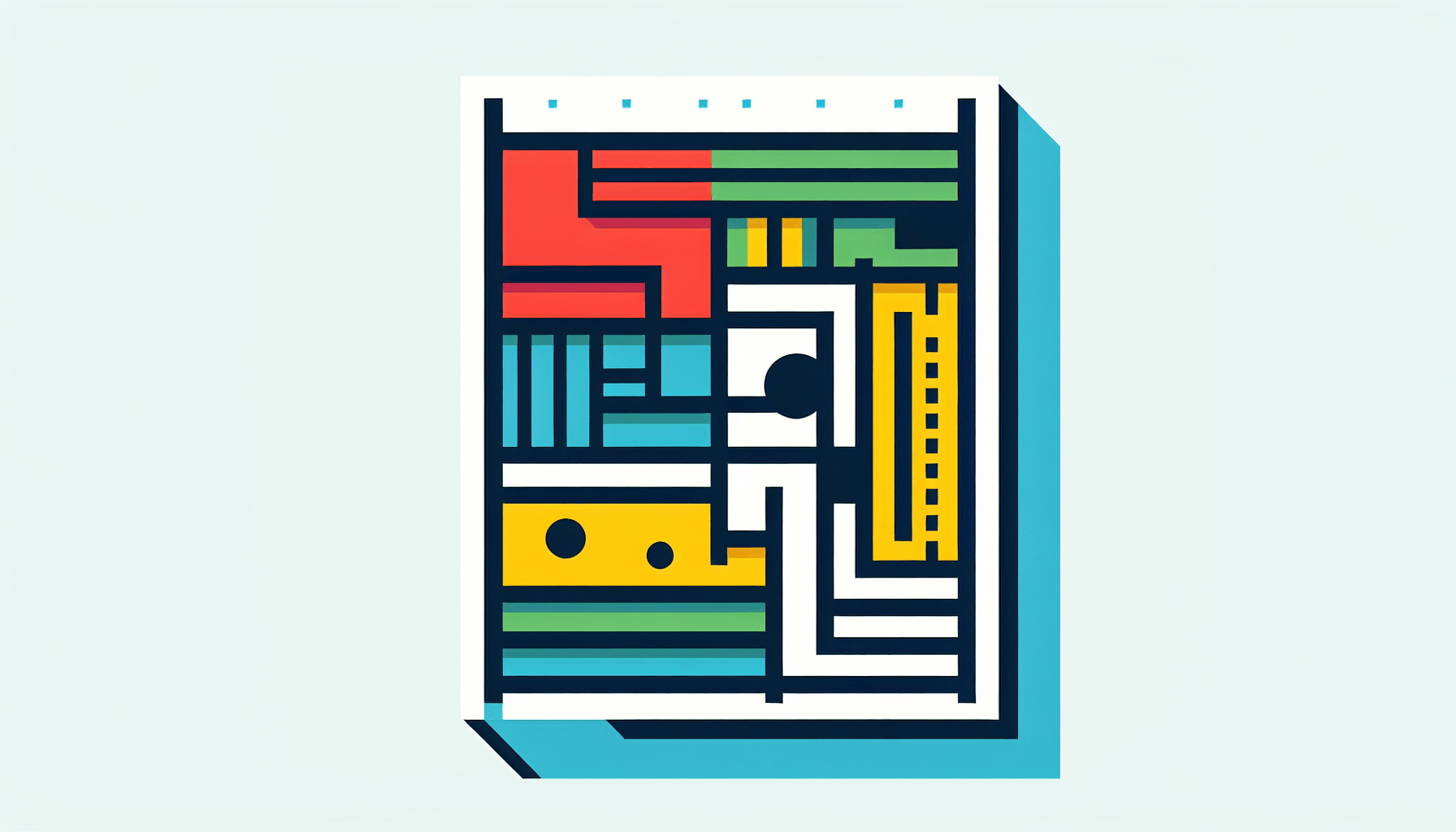Blueprint in flat illustration style and white background, red #f47574, green #88c7a8, yellow #fcc44b, and blue #645bc8 colors.