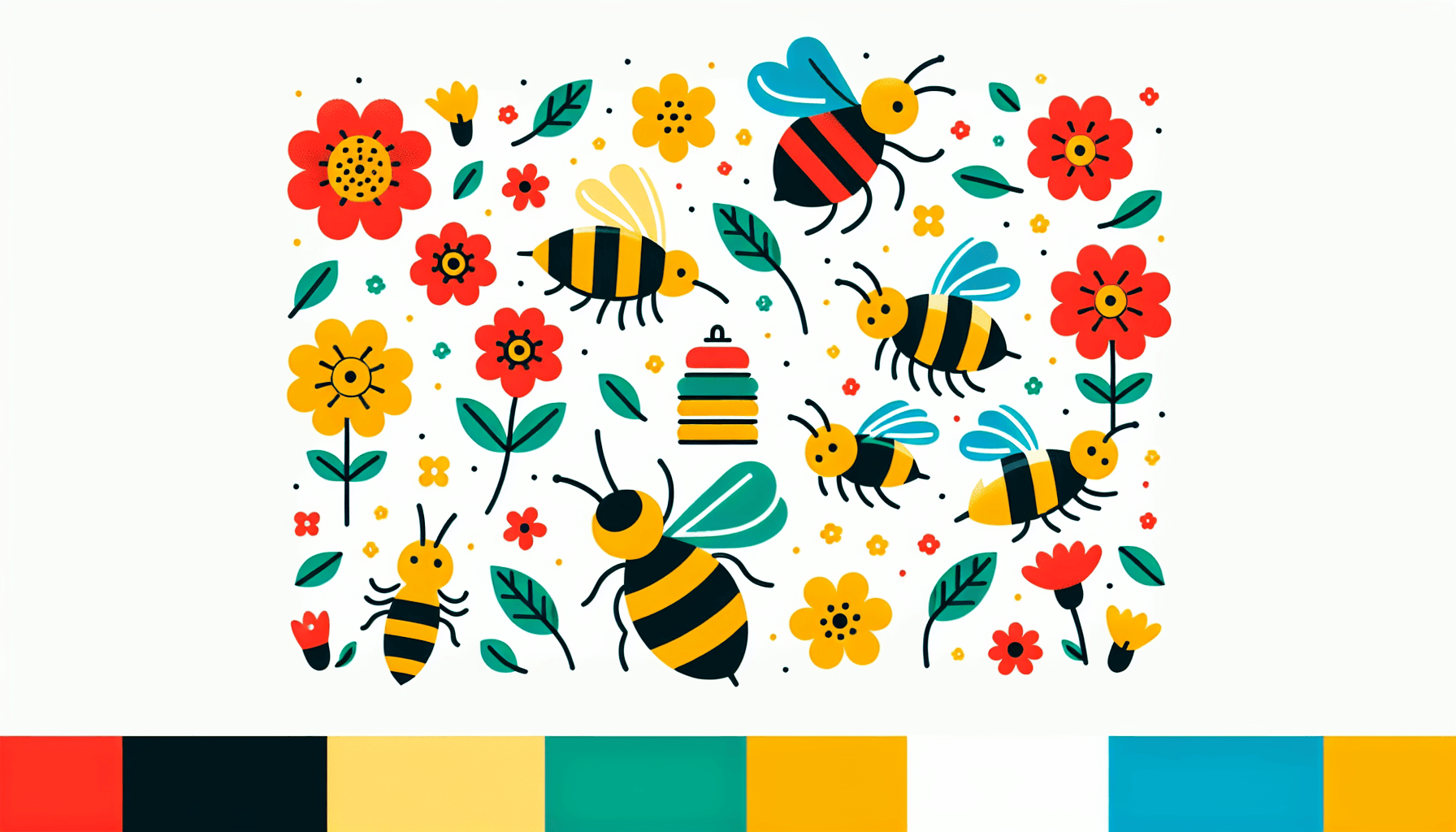 Bees in flat illustration style and white background, red #f47574, green #88c7a8, yellow #fcc44b, and blue #645bc8 colors.