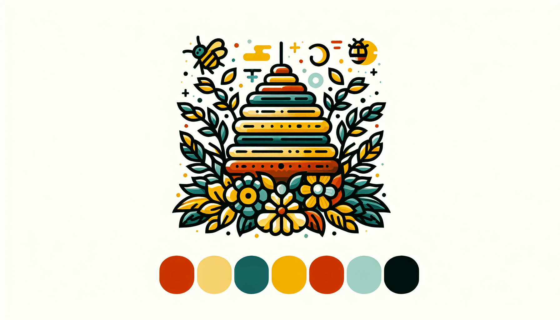 Beehive in flat illustration style and white background, red #f47574, green #88c7a8, yellow #fcc44b, and blue #645bc8 colors.