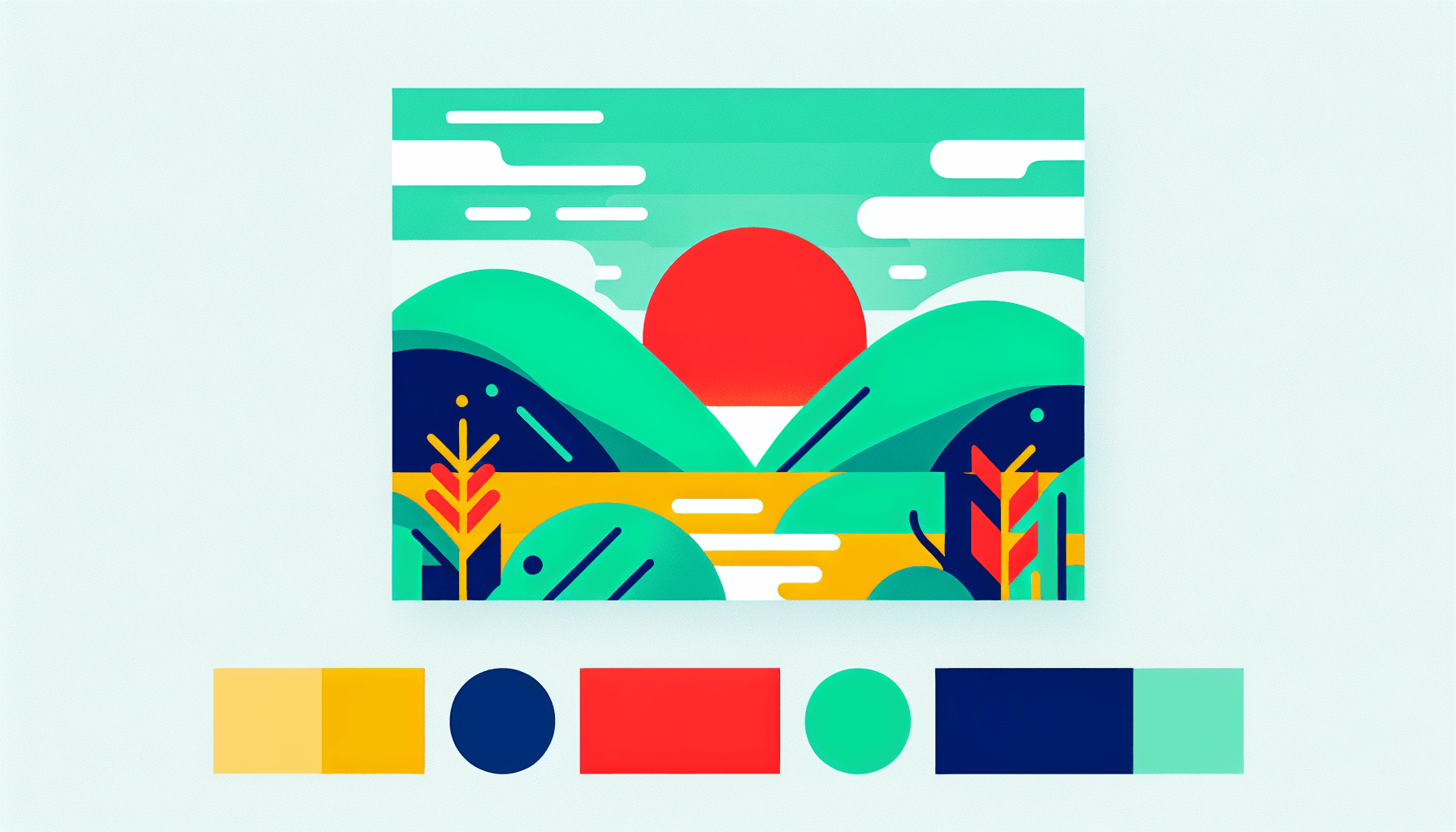 --- in flat illustration style and white background, red #f47574, green #88c7a8, yellow #fcc44b, and blue #645bc8 colors.
