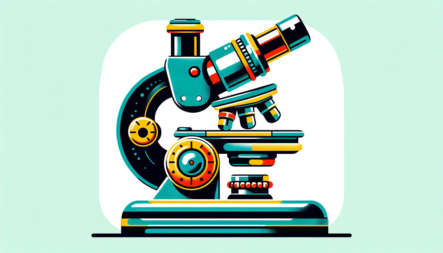 Microscope in flat illustration style and white background, red #f47574, green #88c7a8, yellow #fcc44b, and blue #645bc8 colors.