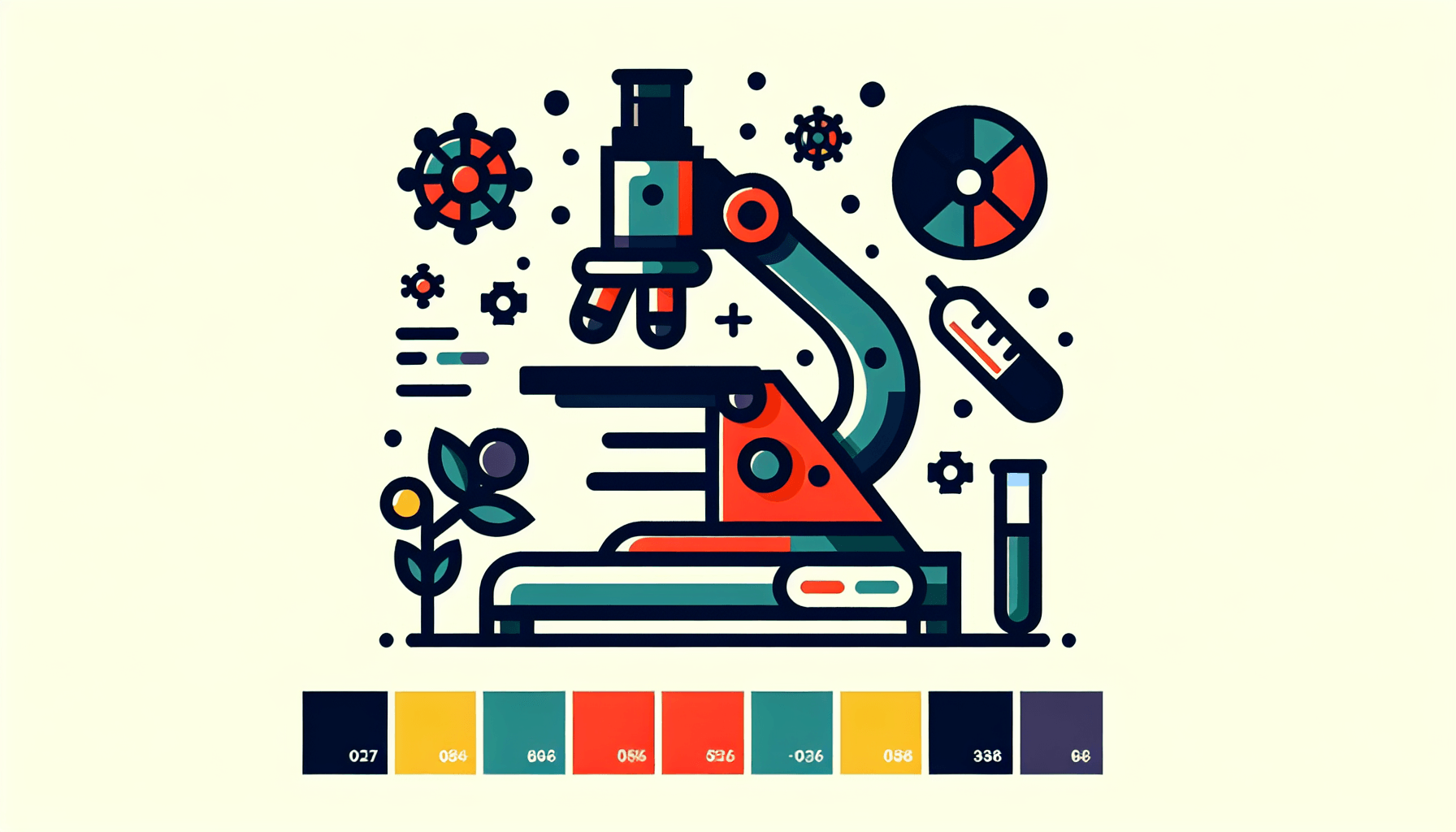 Microscope in flat illustration style and white background, red #f47574, green #88c7a8, yellow #fcc44b, and blue #645bc8 colors.