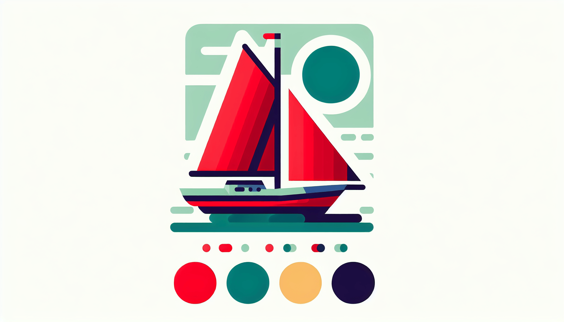 Sailboat in flat illustration style and white background, red #f47574, green #88c7a8, yellow #fcc44b, and blue #645bc8 colors.