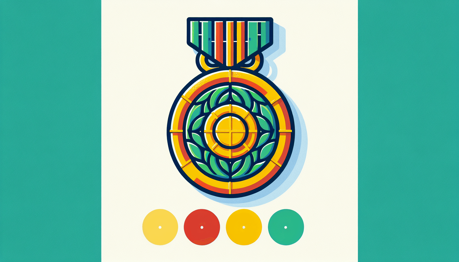 Medal in flat illustration style and white background, red #f47574, green #88c7a8, yellow #fcc44b, and blue #645bc8 colors.