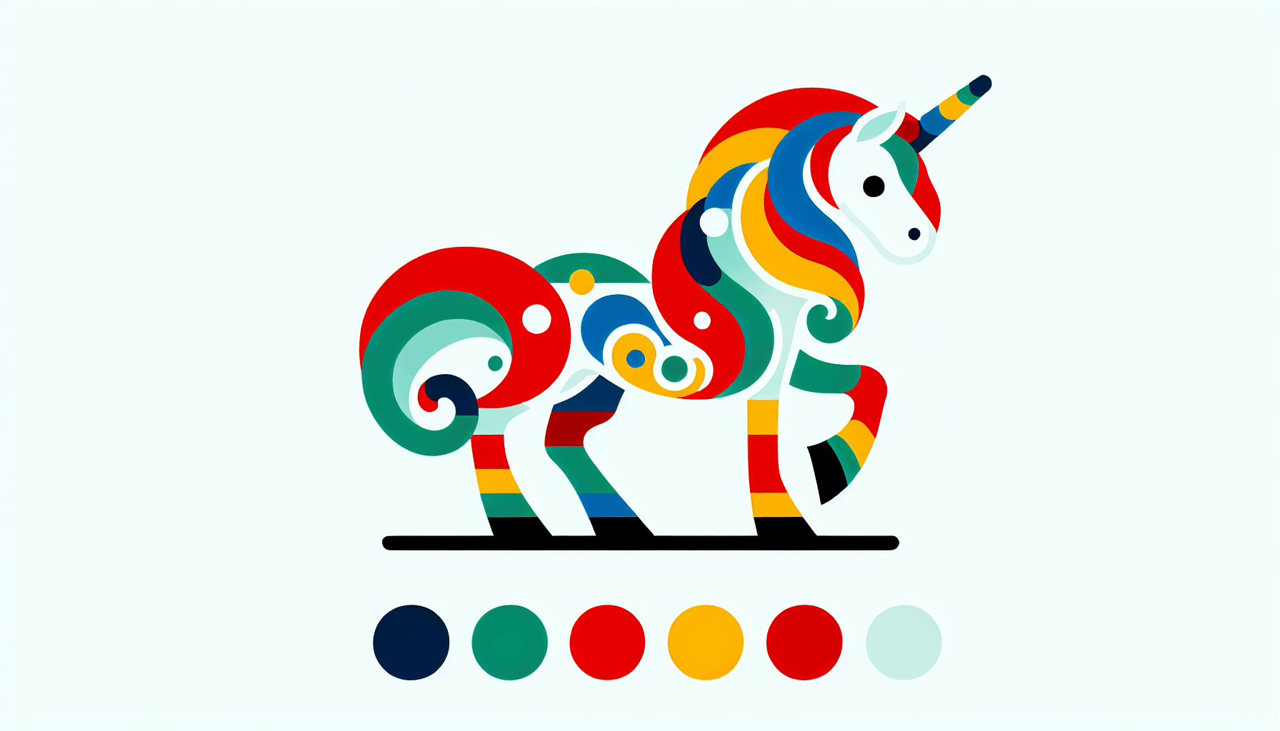 Unicorn in flat illustration style and white background, red #f47574, green #88c7a8, yellow #fcc44b, and blue #645bc8 colors.