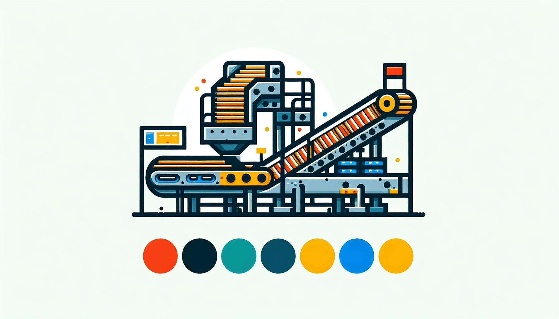 Conveyor in flat illustration style and white background, red #f47574, green #88c7a8, yellow #fcc44b, and blue #645bc8 colors.