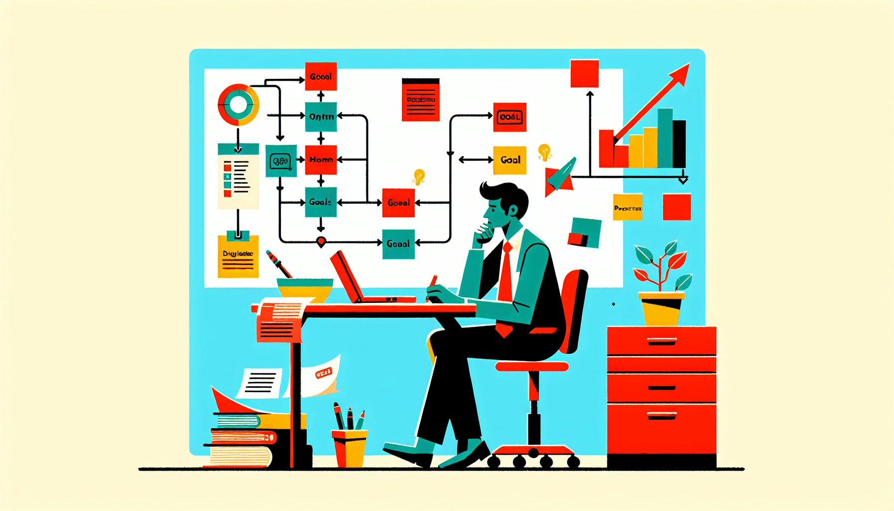 How do you write organizational goals? in flat illustration style and white background, red #f47574, green #88c7a8, yellow #fcc44b, and blue #645bc8 colors.