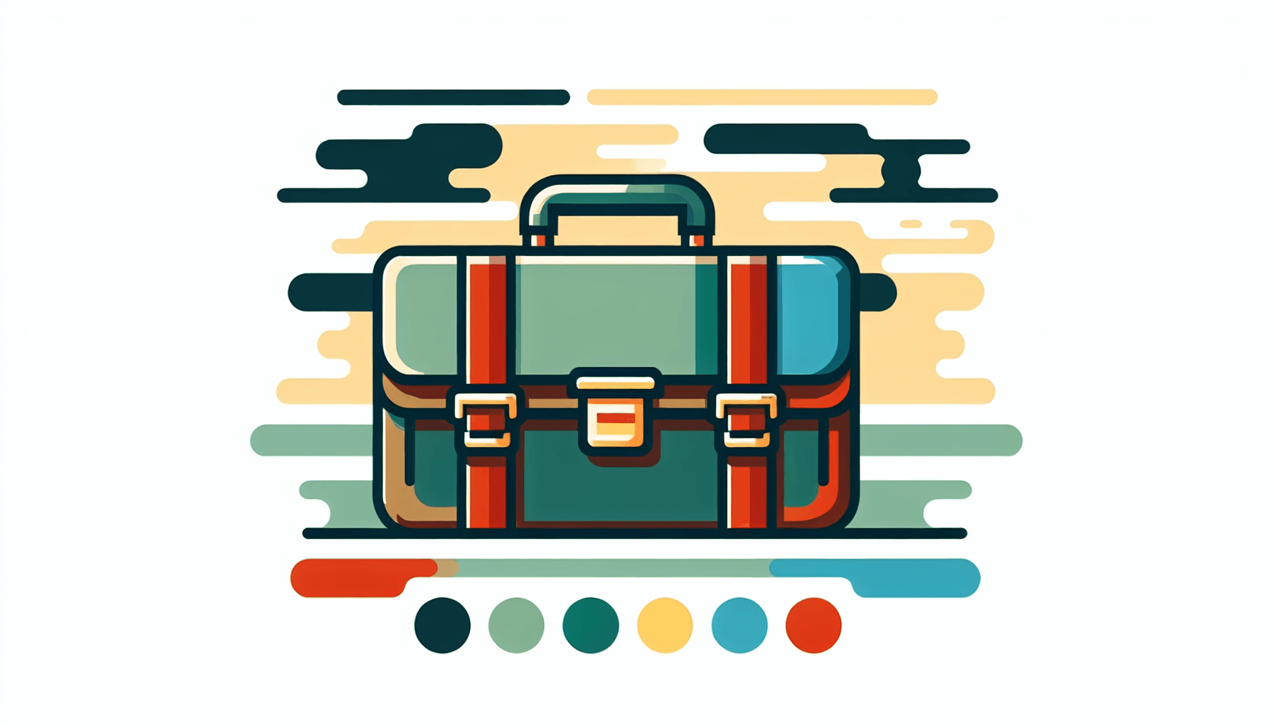 Briefcase in flat illustration style and white background, red #f47574, green #88c7a8, yellow #fcc44b, and blue #645bc8 colors.