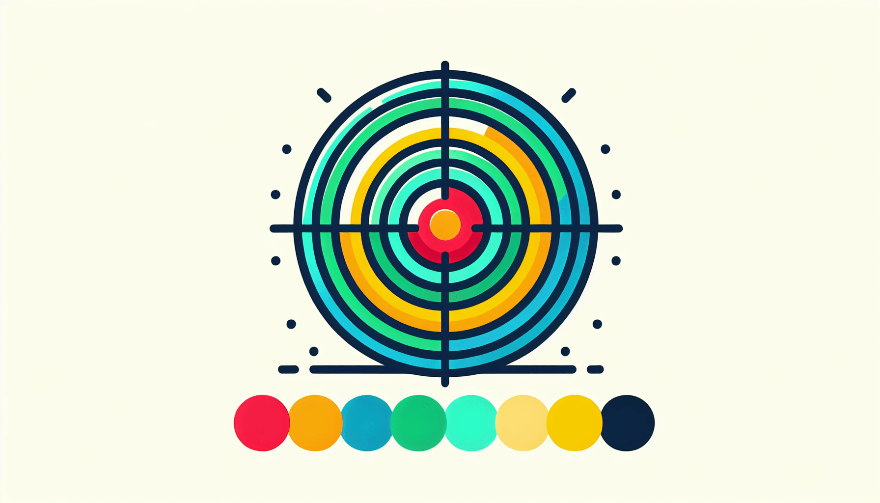 Bullseye in flat illustration style and white background, red #f47574, green #88c7a8, yellow #fcc44b, and blue #645bc8 colors.