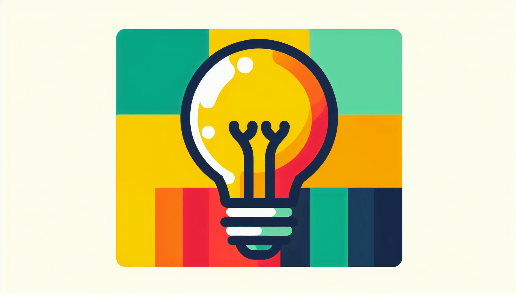 Lightbulb in flat illustration style and white background, red #f47574, green #88c7a8, yellow #fcc44b, and blue #645bc8 colors.