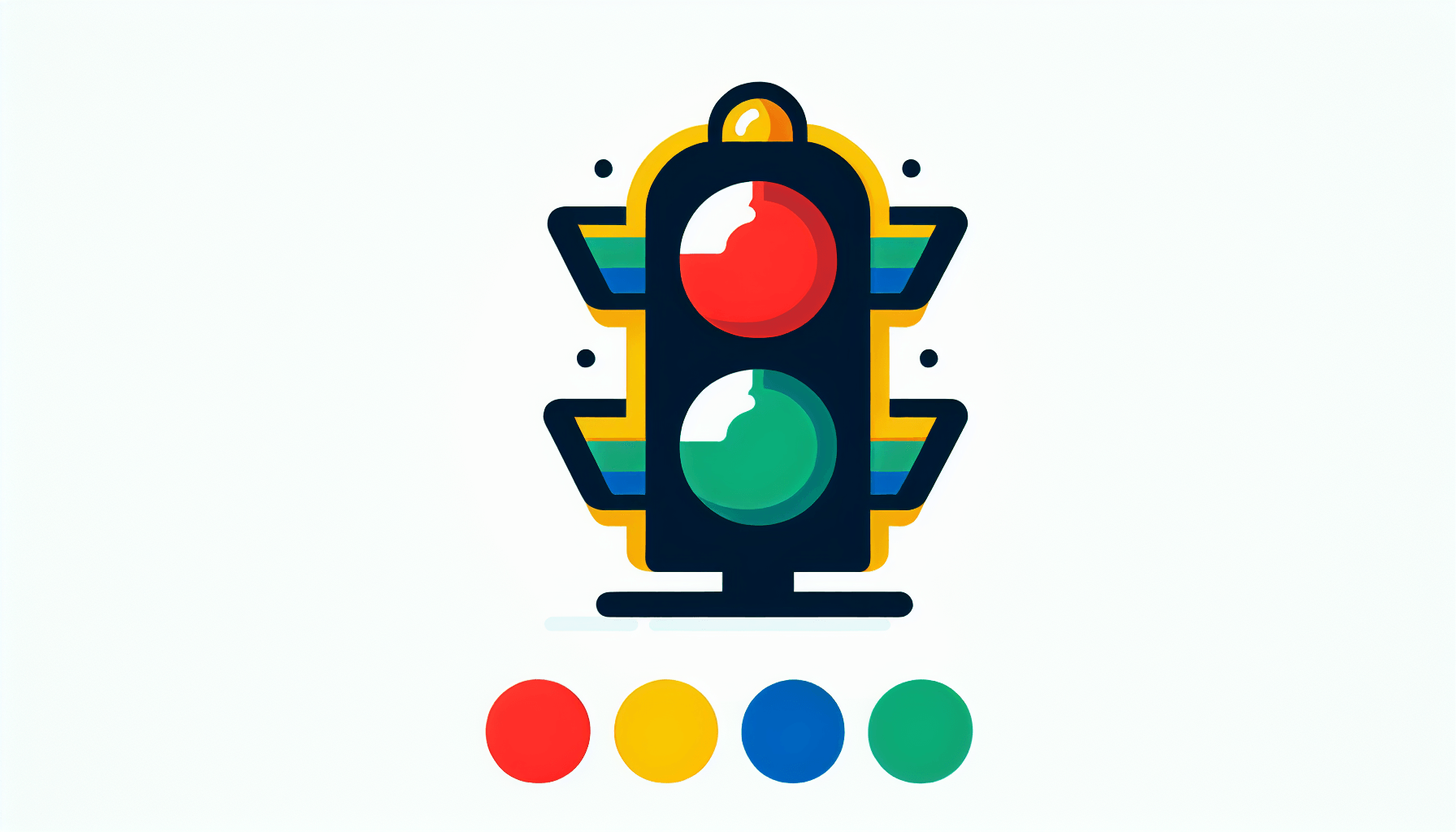 Warning light in flat illustration style and white background, red #f47574, green #88c7a8, yellow #fcc44b, and blue #645bc8 colors.