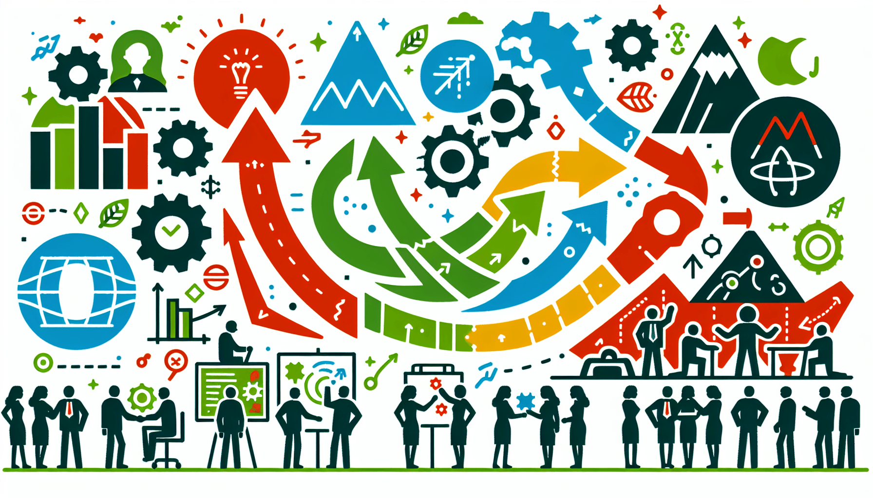 How do you implement a change strategy? in flat illustration style and white background, red #f47574, green #88c7a8, yellow #fcc44b, and blue #645bc8 colors.