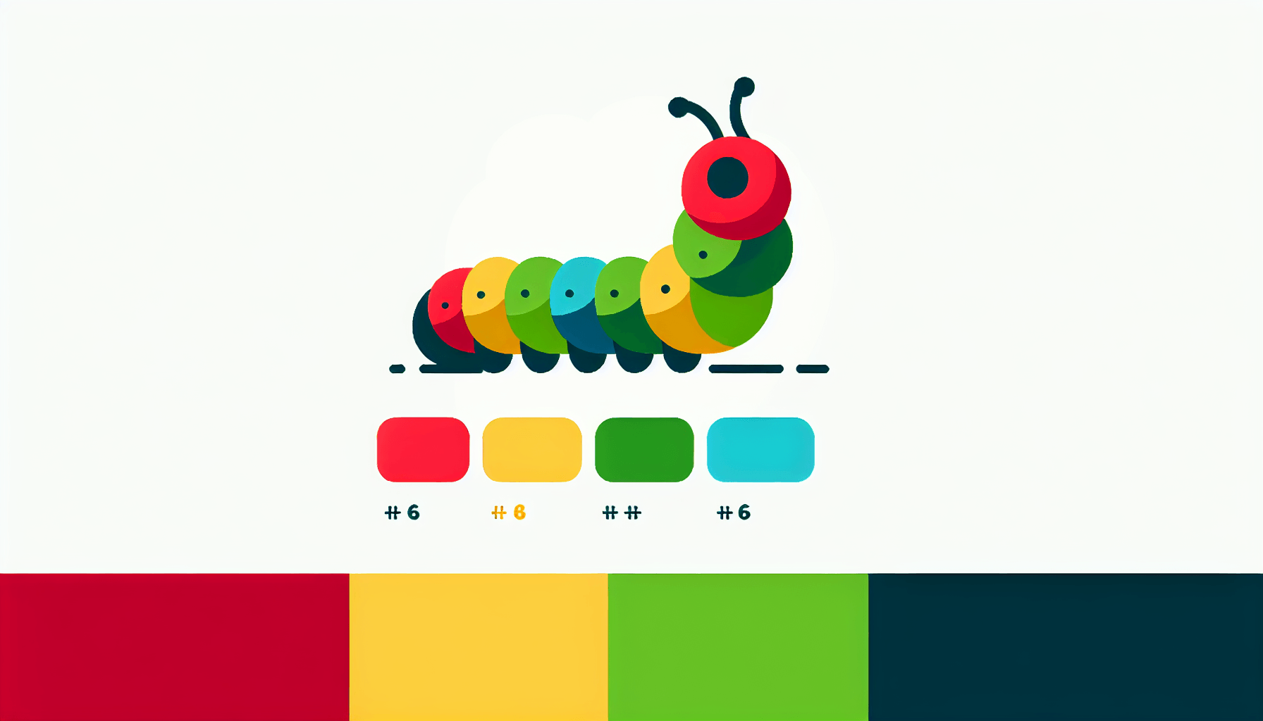 Caterpillar in flat illustration style and white background, red #f47574, green #88c7a8, yellow #fcc44b, and blue #645bc8 colors.