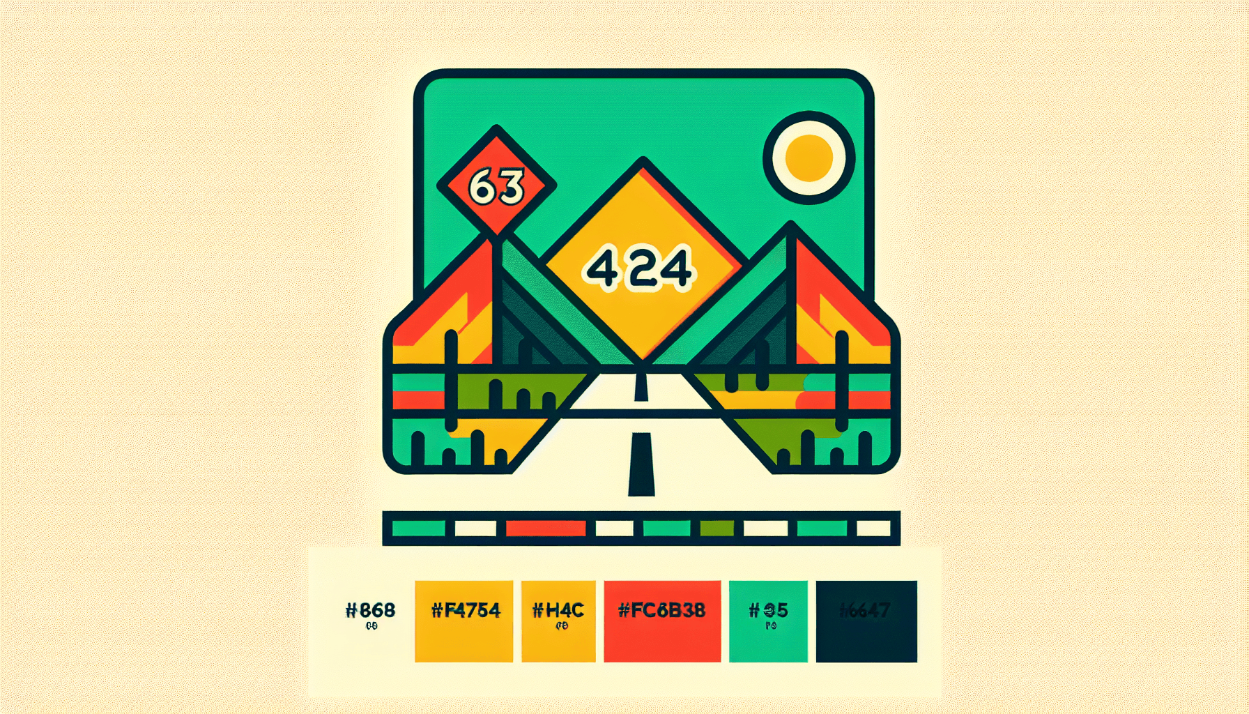 Road sign in flat illustration style and white background, red #f47574, green #88c7a8, yellow #fcc44b, and blue #645bc8 colors.