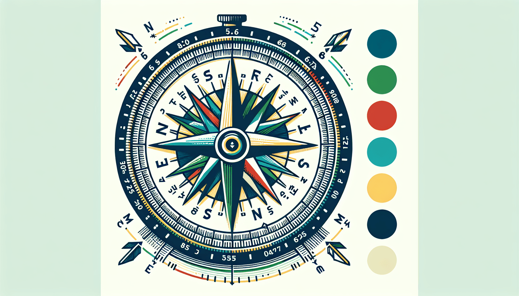 Compass in flat illustration style and white background, red #f47574, green #88c7a8, yellow #fcc44b, and blue #645bc8 colors.
