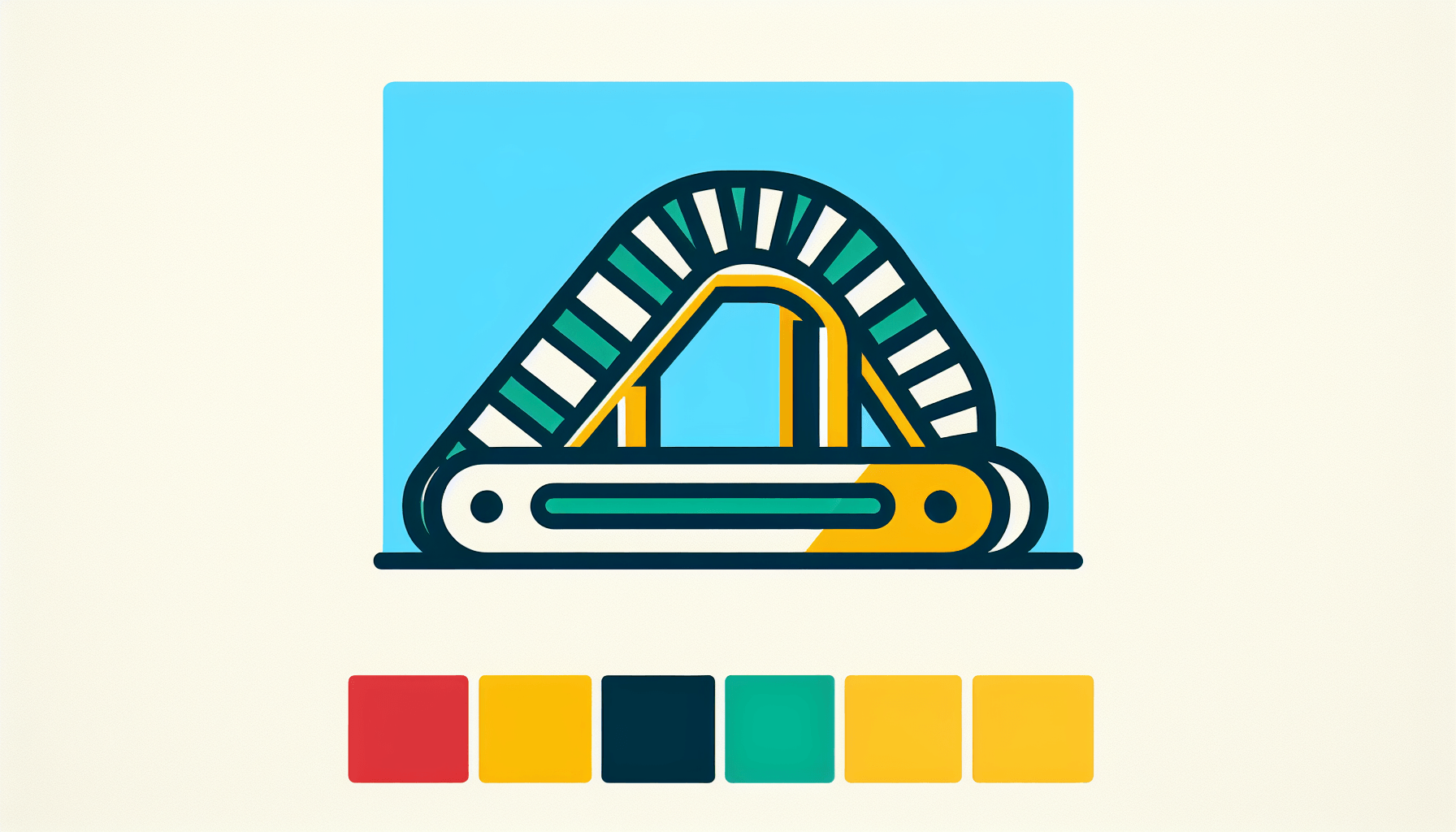 Conveyor belt in flat illustration style and white background, red #f47574, green #88c7a8, yellow #fcc44b, and blue #645bc8 colors.