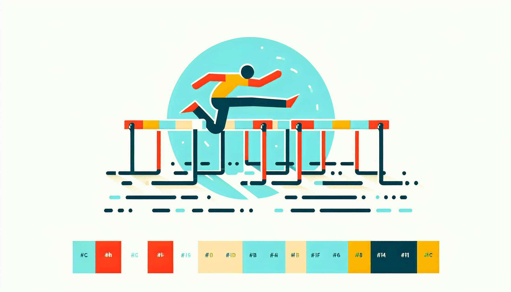 Hurdles in flat illustration style and white background, red #f47574, green #88c7a8, yellow #fcc44b, and blue #645bc8 colors.