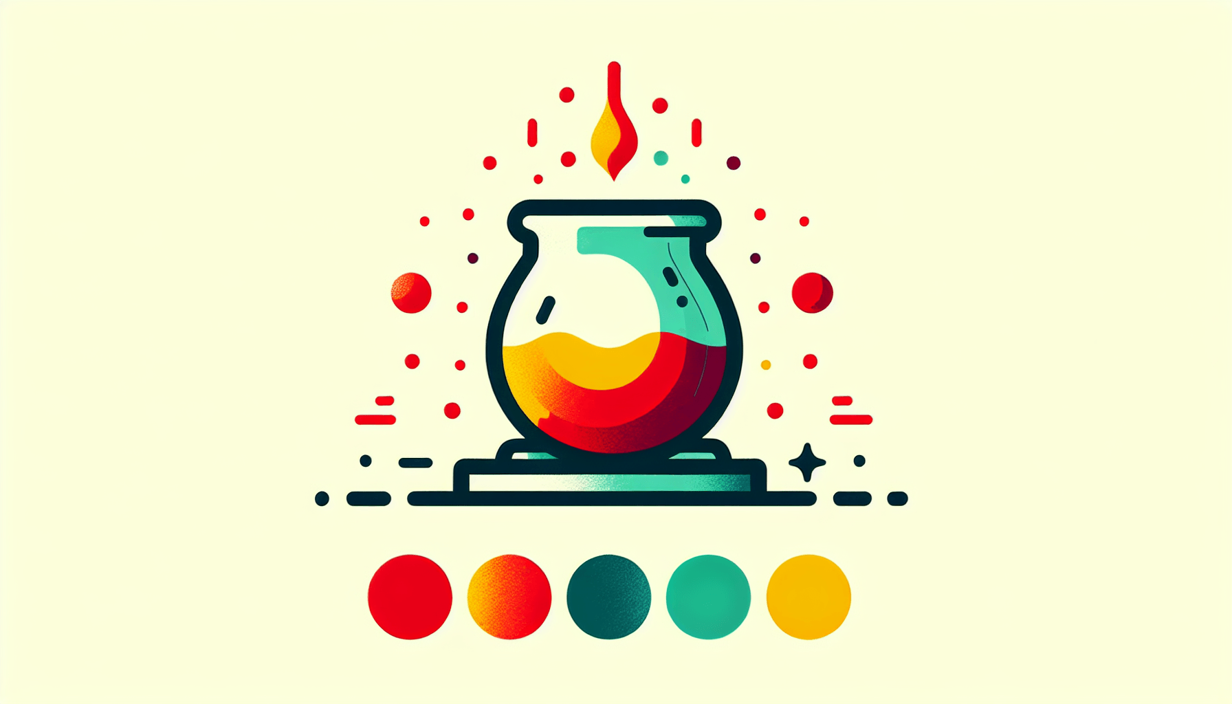 Crucible in flat illustration style and white background, red #f47574, green #88c7a8, yellow #fcc44b, and blue #645bc8 colors.