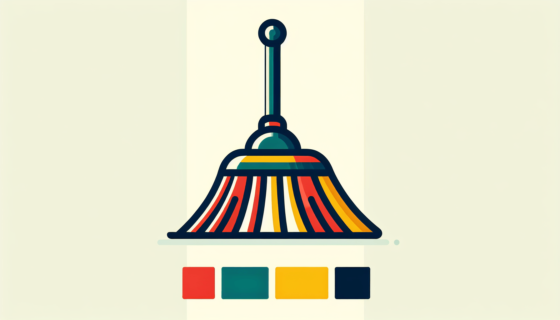 Broom in flat illustration style and white background, red #f47574, green #88c7a8, yellow #fcc44b, and blue #645bc8 colors.
