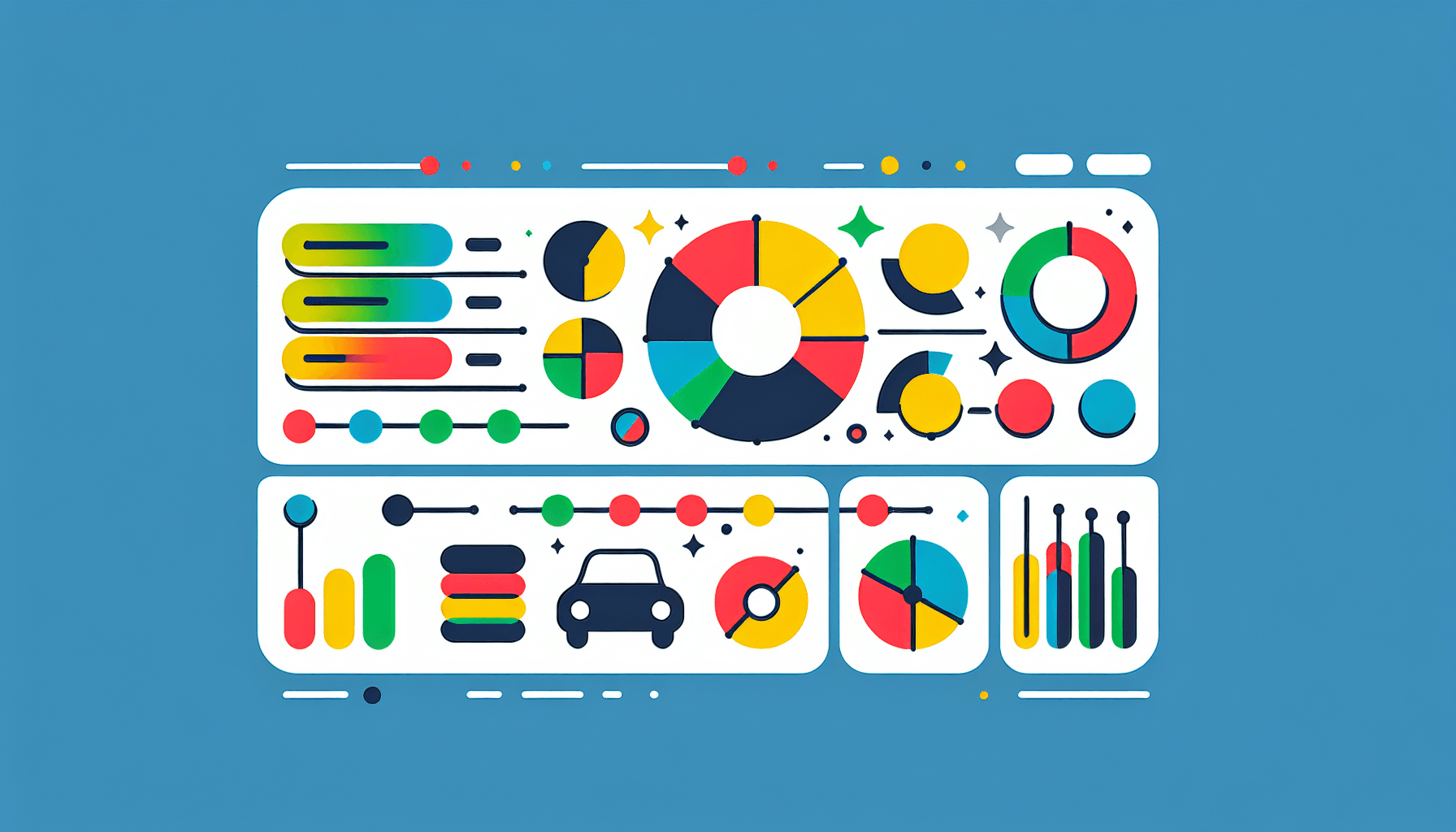 Dashboard in flat illustration style and white background, red #f47574, green #88c7a8, yellow #fcc44b, and blue #645bc8 colors.