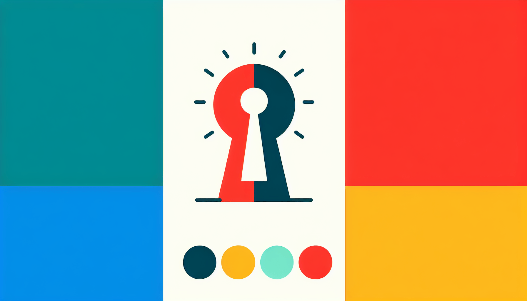 Keyhole in flat illustration style and white background, red #f47574, green #88c7a8, yellow #fcc44b, and blue #645bc8 colors.