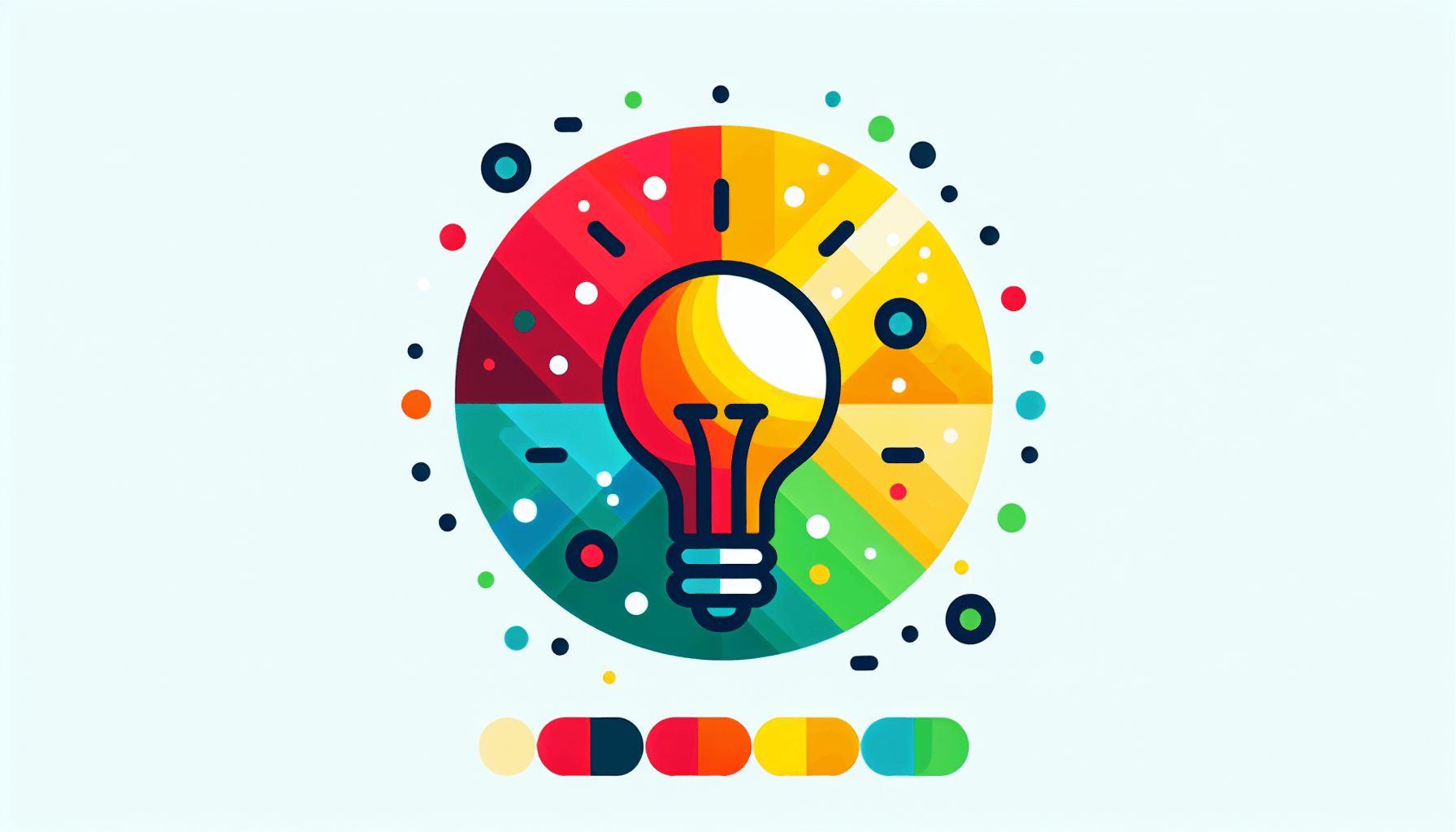 Light bulb in flat illustration style and white background, red #f47574, green #88c7a8, yellow #fcc44b, and blue #645bc8 colors.