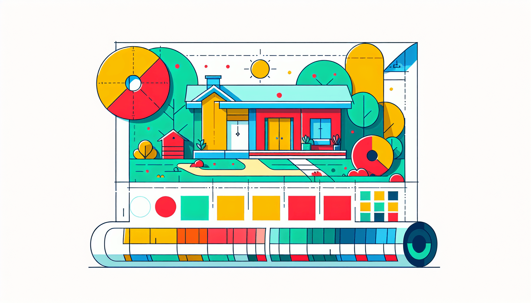 Blueprint in flat illustration style and white background, red #f47574, green #88c7a8, yellow #fcc44b, and blue #645bc8 colors.