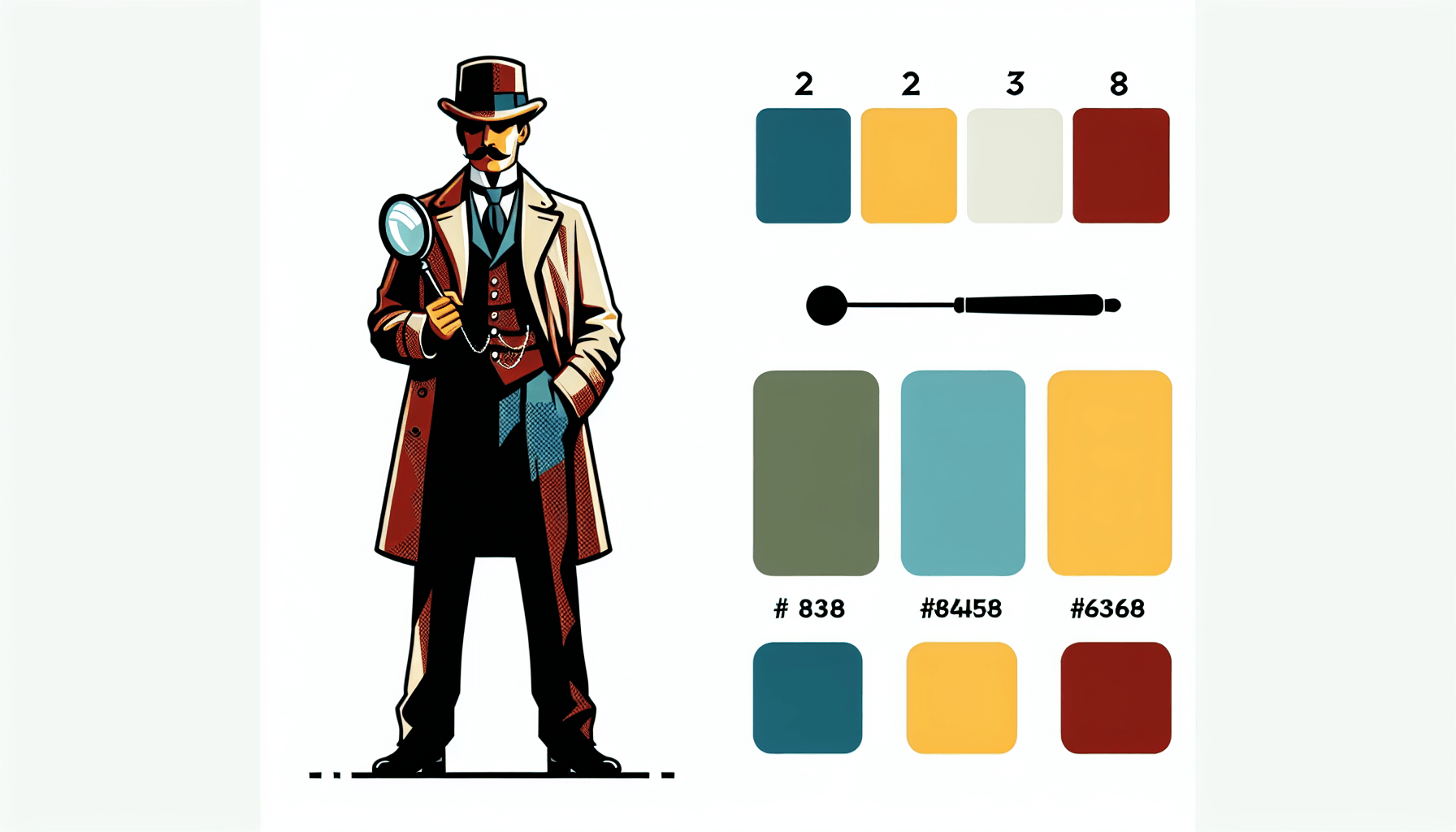 Sherlock in flat illustration style and white background, red #f47574, green #88c7a8, yellow #fcc44b, and blue #645bc8 colors.