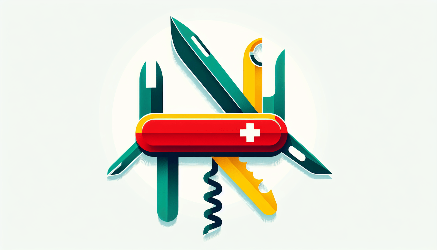 Swiss army knife in flat illustration style and white background, red #f47574, green #88c7a8, yellow #fcc44b, and blue #645bc8 colors.