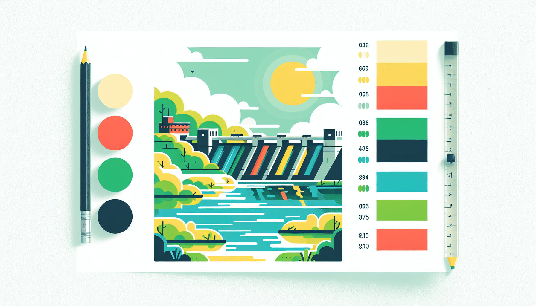 Dam in flat illustration style and white background, red #f47574, green #88c7a8, yellow #fcc44b, and blue #645bc8 colors.