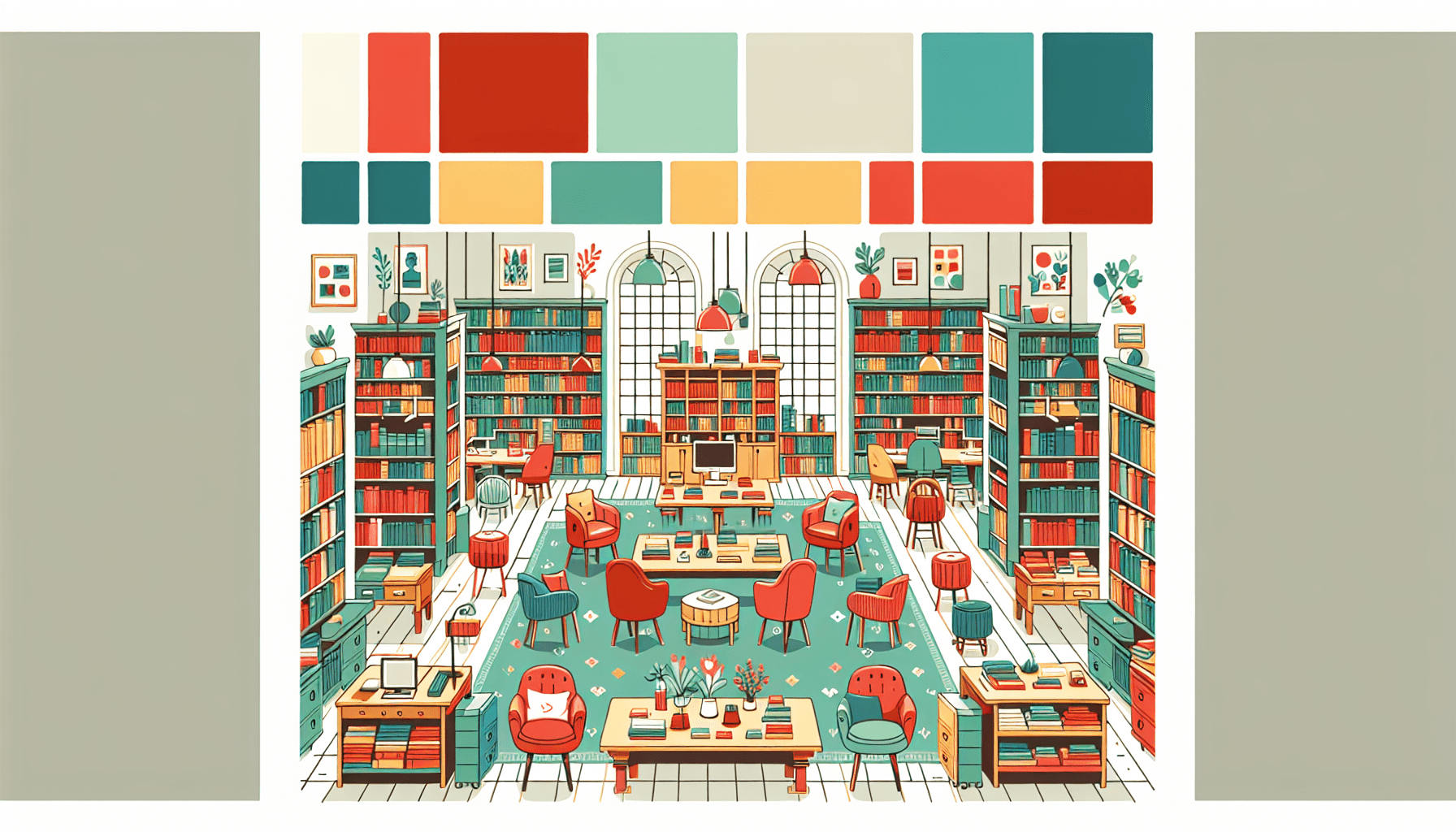 Library in flat illustration style and white background, red #f47574, green #88c7a8, yellow #fcc44b, and blue #645bc8 colors.