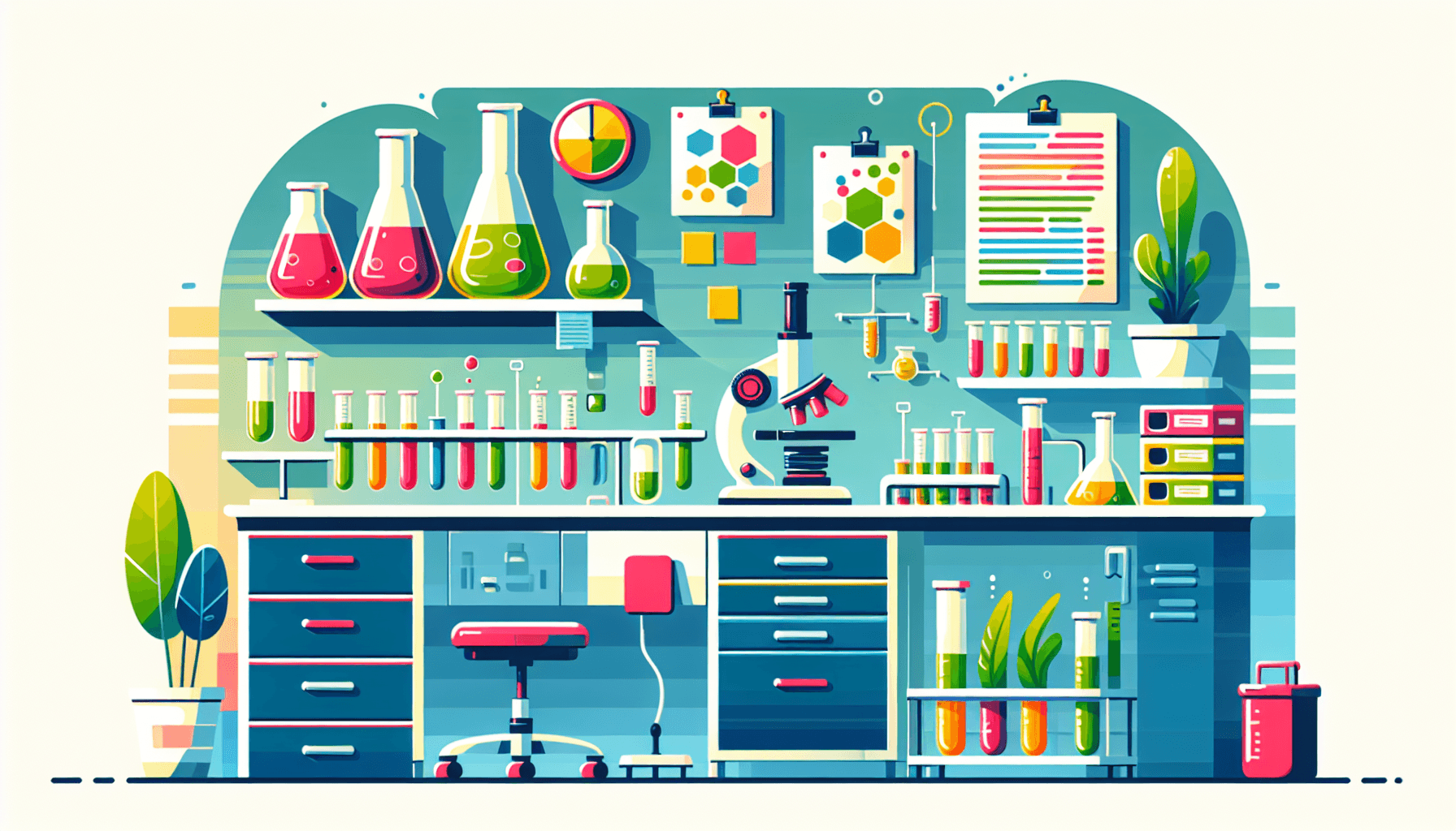 Laboratory in flat illustration style and white background, red #f47574, green #88c7a8, yellow #fcc44b, and blue #645bc8 colors.