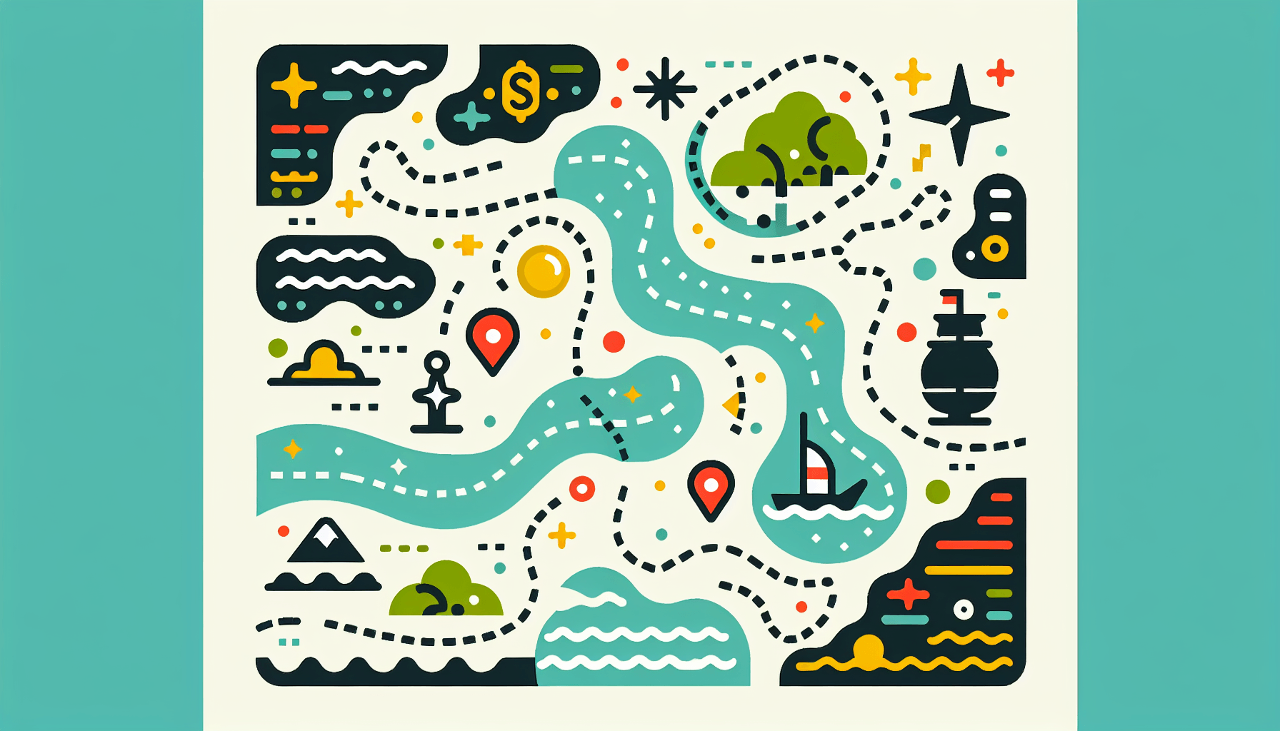 Treasure map in flat illustration style and white background, red #f47574, green #88c7a8, yellow #fcc44b, and blue #645bc8 colors.