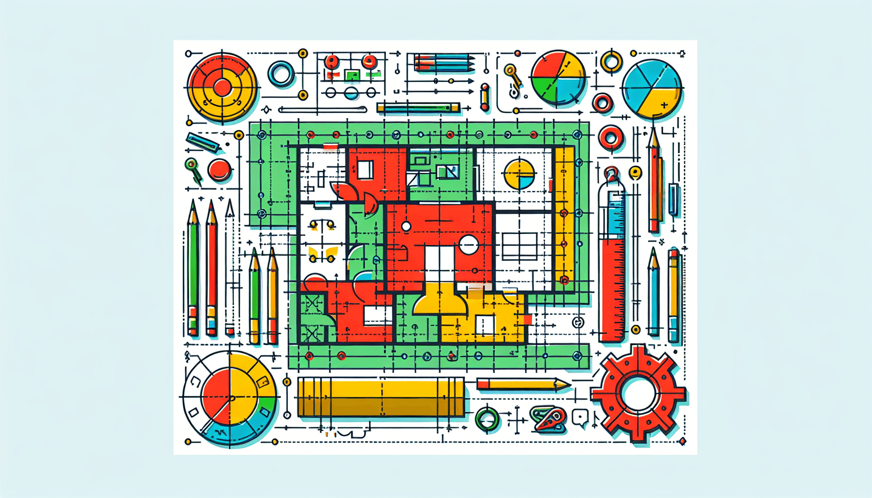 Blueprint in flat illustration style and white background, red #f47574, green #88c7a8, yellow #fcc44b, and blue #645bc8 colors.