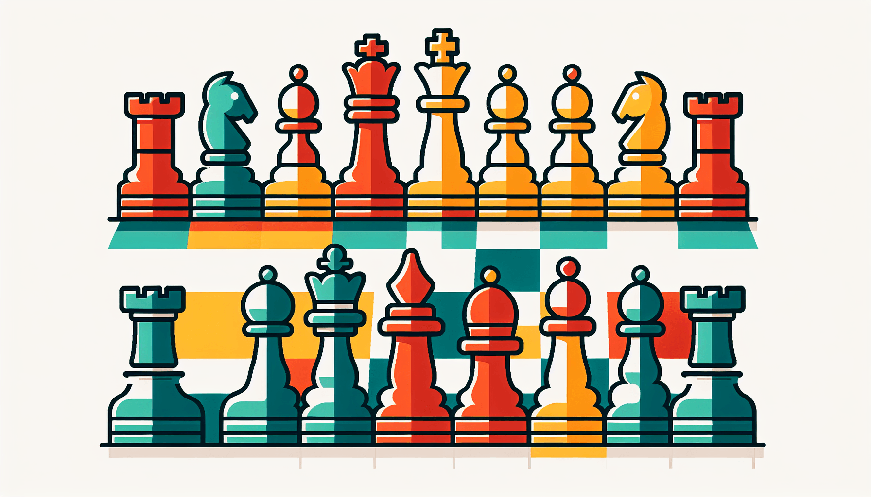 Chessboard in flat illustration style and white background, red #f47574, green #88c7a8, yellow #fcc44b, and blue #645bc8 colors.