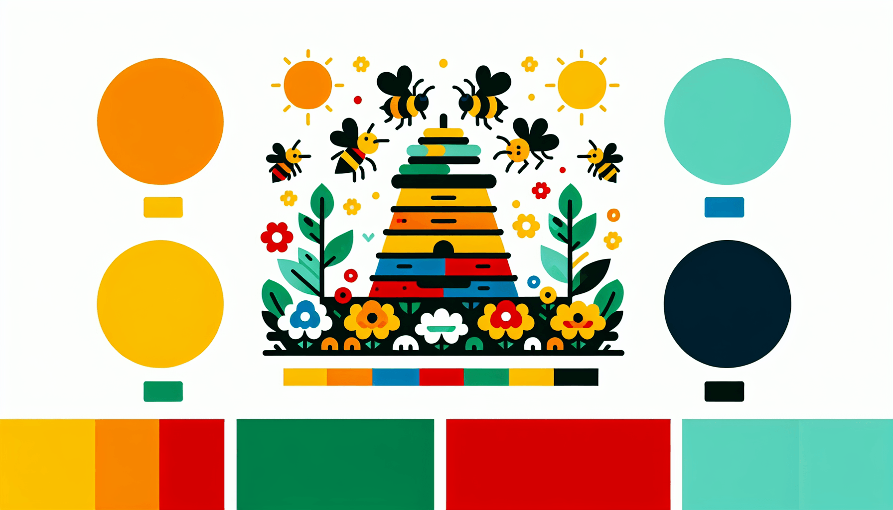 Beehive in flat illustration style and white background, red #f47574, green #88c7a8, yellow #fcc44b, and blue #645bc8 colors.