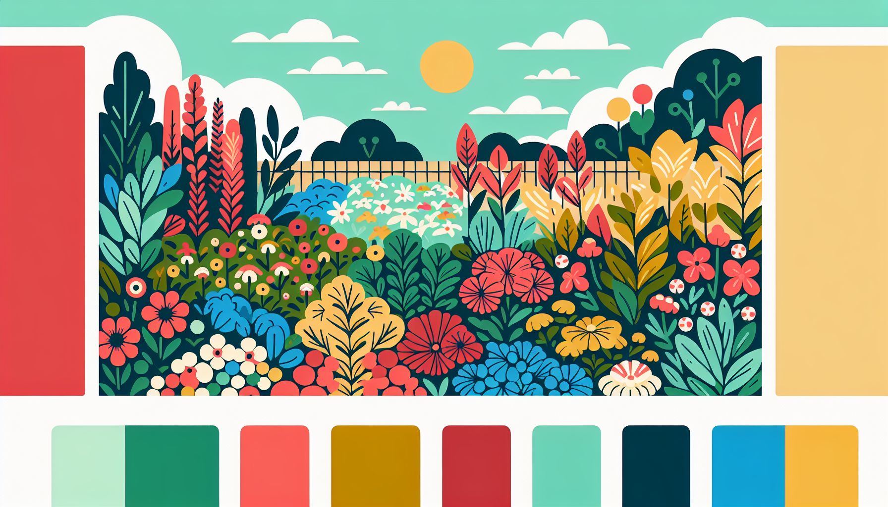 Garden in flat illustration style and white background, red #f47574, green #88c7a8, yellow #fcc44b, and blue #645bc8 colors.