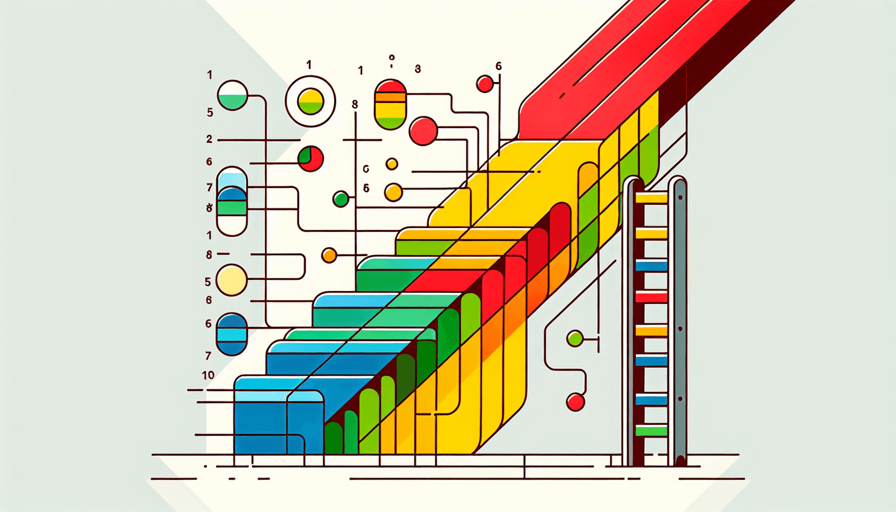 Ladder in flat illustration style and white background, red #f47574, green #88c7a8, yellow #fcc44b, and blue #645bc8 colors.