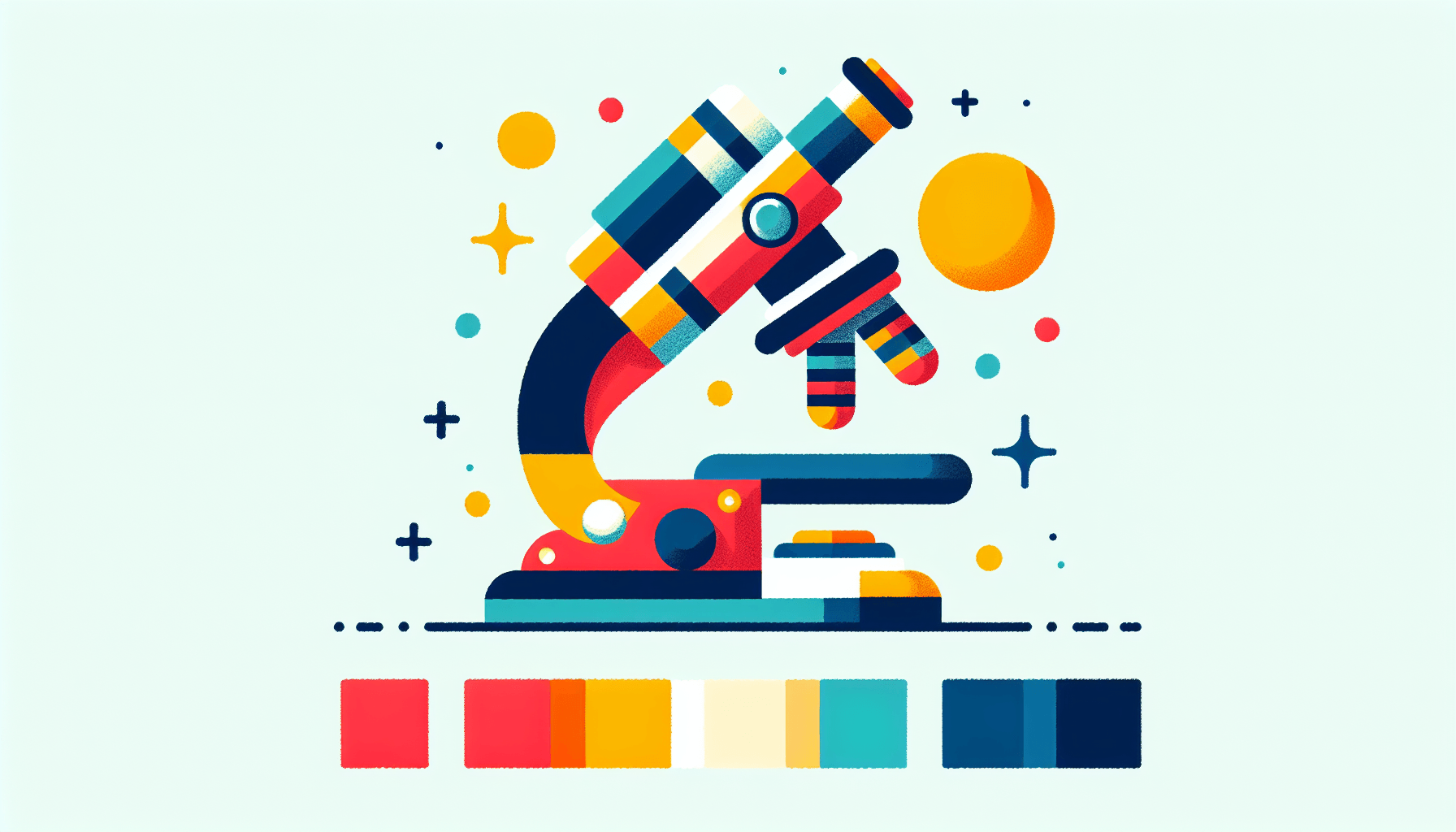 Microscope in flat illustration style and white background, red #f47574, green #88c7a8, yellow #fcc44b, and blue #645bc8 colors.