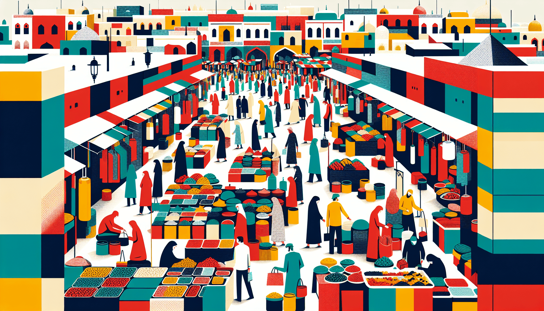 Bazaar in flat illustration style and white background, red #f47574, green #88c7a8, yellow #fcc44b, and blue #645bc8 colors.