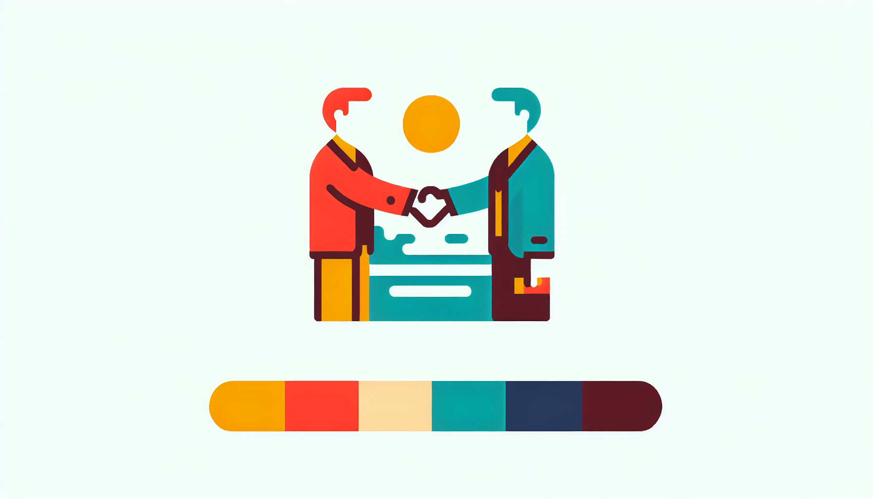 Handshake in flat illustration style and white background, red #f47574, green #88c7a8, yellow #fcc44b, and blue #645bc8 colors.