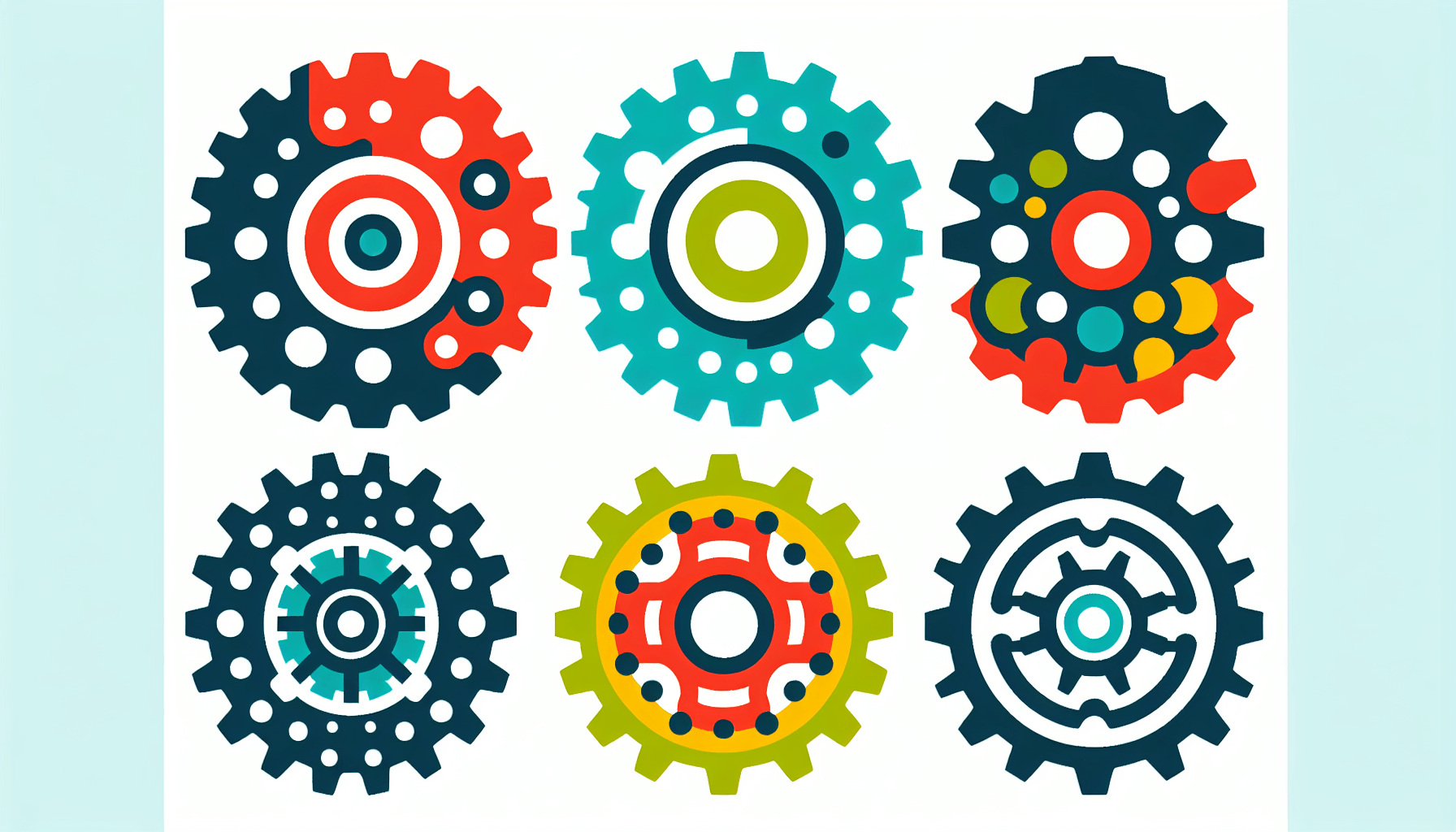 Gears in flat illustration style and white background, red #f47574, green #88c7a8, yellow #fcc44b, and blue #645bc8 colors.