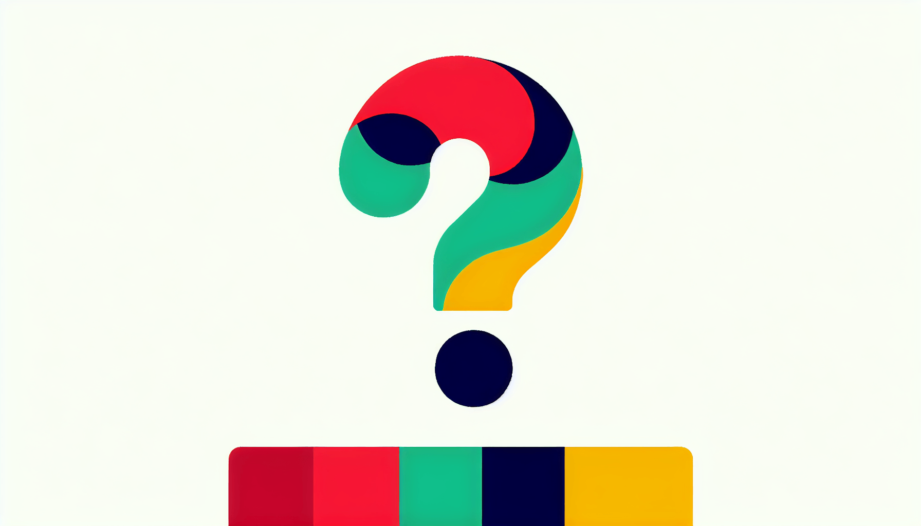 Question mark in flat illustration style and white background, red #f47574, green #88c7a8, yellow #fcc44b, and blue #645bc8 colors.
